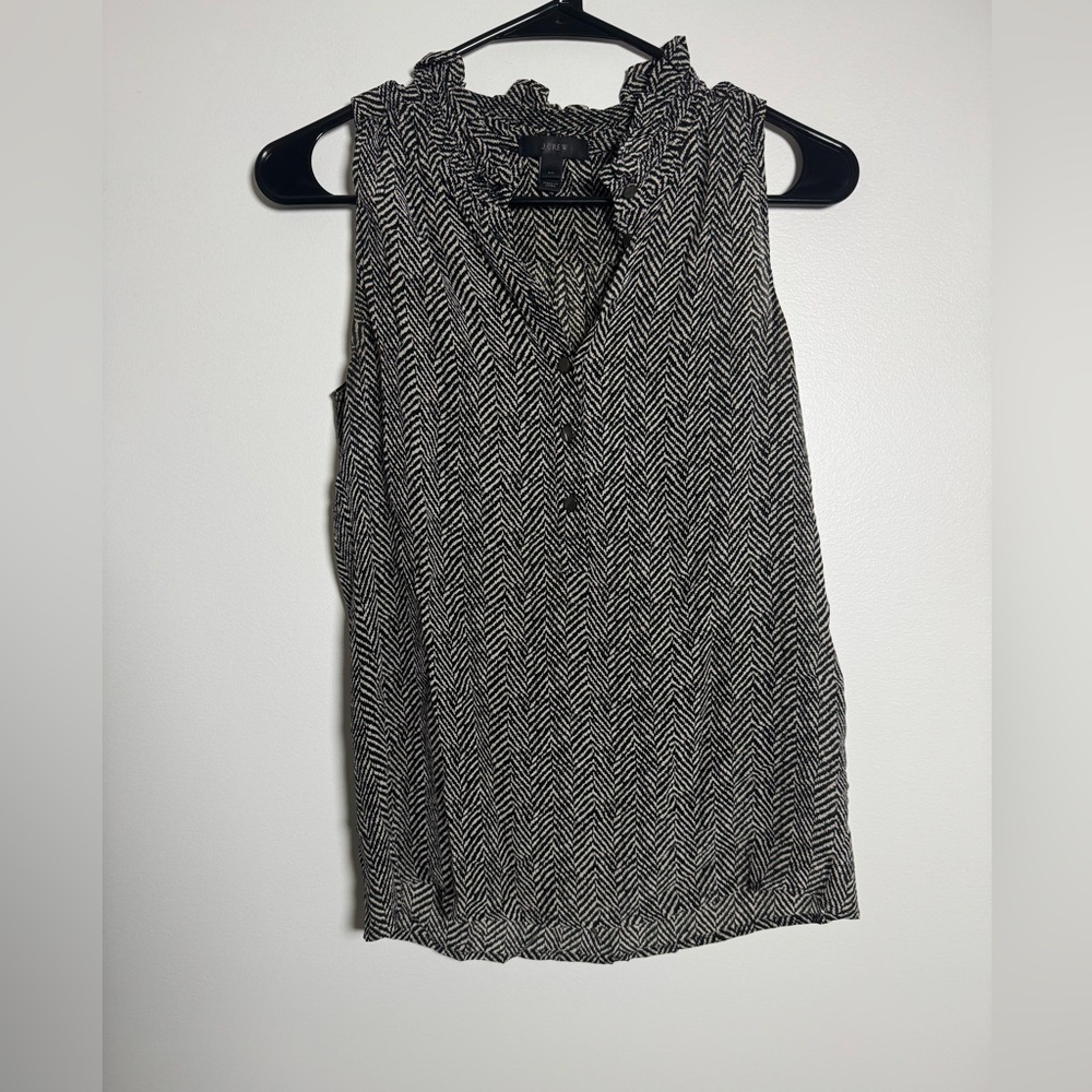 J.Crew Black White Sleeveless Blouse Ruffle Neck Button Front